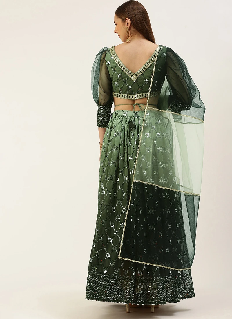 Teen Girls Green Embroidered Ombre Embellished Lehanga Wedding Wear - Image 4