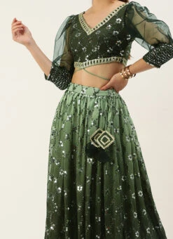 Teen Girls Green Embroidered Ombre Embellished Lehanga Wedding Wear