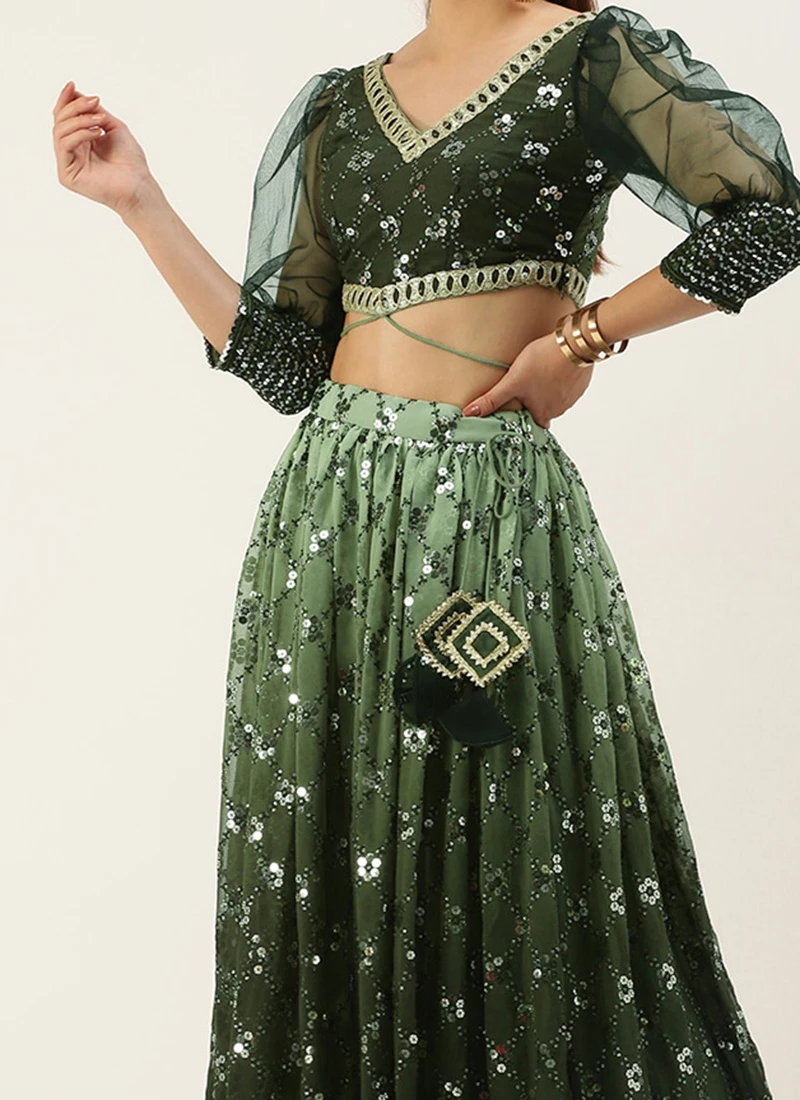 Teen Girls Green Embroidered Ombre Embellished Lehanga Wedding Wear
