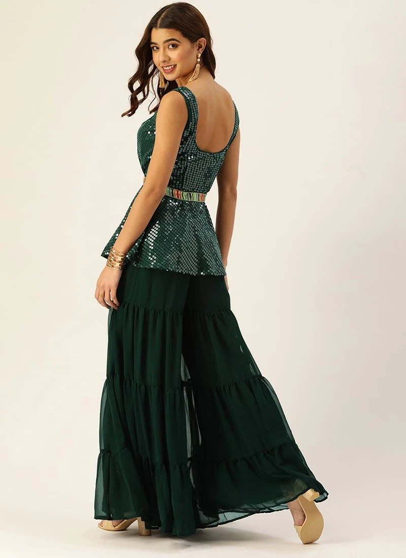 Teen Girls Green Embroidered Peplum Top N Palazzo Set Festive Wear - Image 4