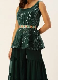 Teen Girls Green Embroidered Peplum Top N Palazzo Set Festive Wear