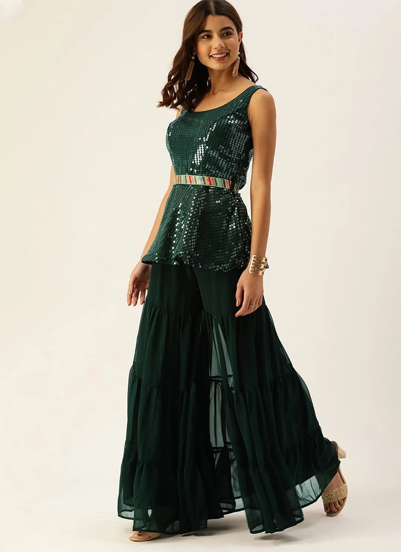 Teen Girls Green Embroidered Peplum Top N Palazzo Set Festive Wear - Image 3
