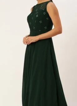 Teen Girls Green Georgette Embroidered Boat Neck Gown Party Wear