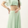 Teen Girls Green Georgette Embroidered Crop Top Skirt Set Festive Wear
