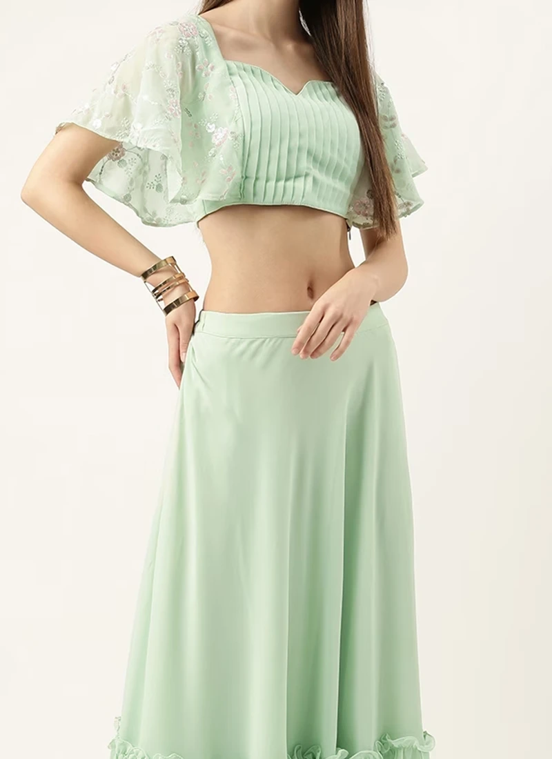 Teen Girls Green Georgette Embroidered Crop Top Skirt Set Festive Wear