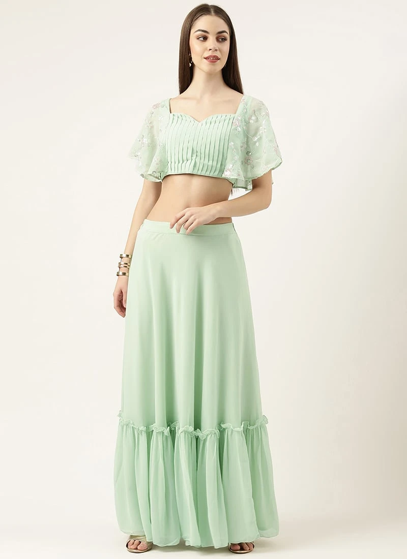 Teen Girls Green Georgette Embroidered Crop Top Skirt Set Festive Wear - Image 3