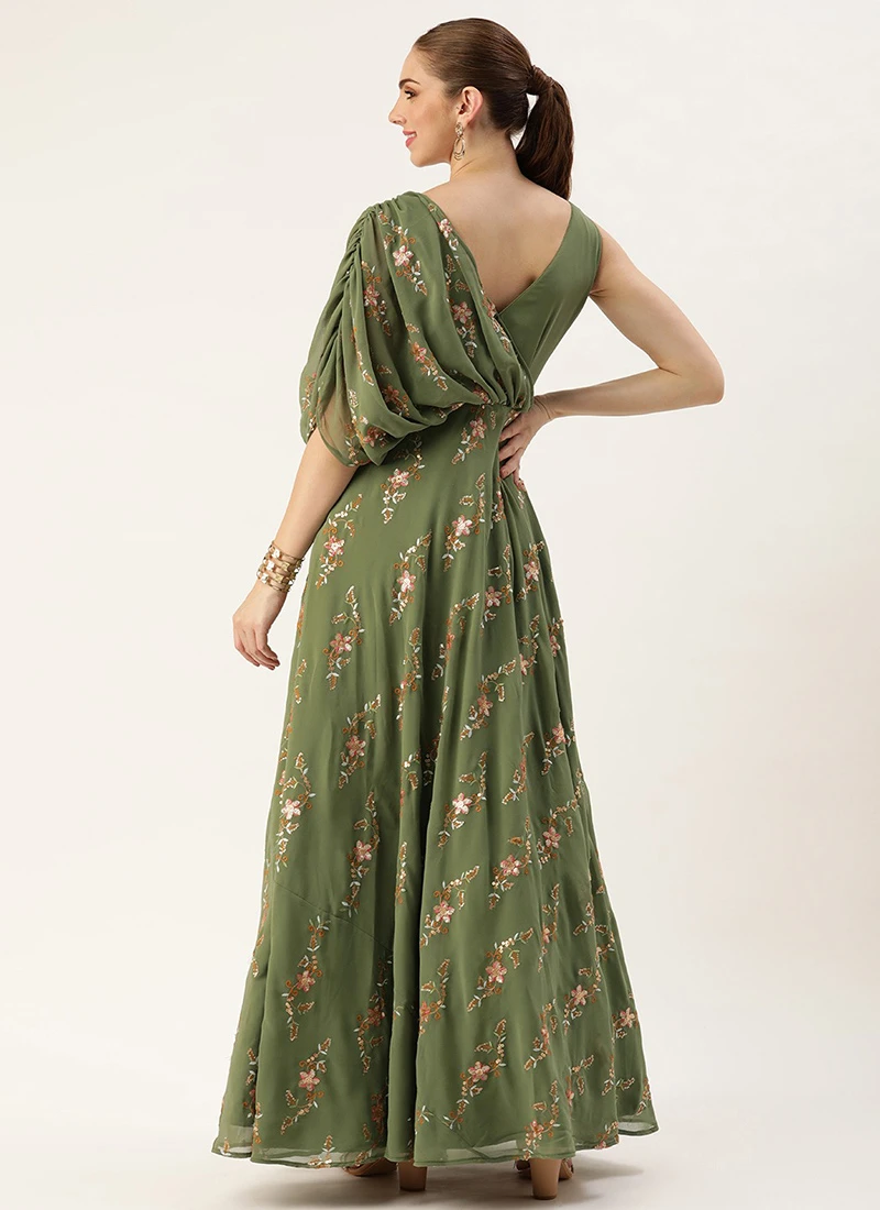 Teen Girls Green Georgette Embroidered Drape Gown Party Wear - Image 4