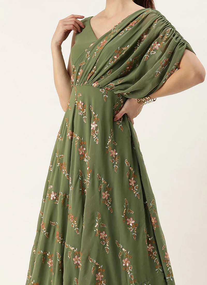 Teen Girls Green Georgette Embroidered Drape Gown Party Wear