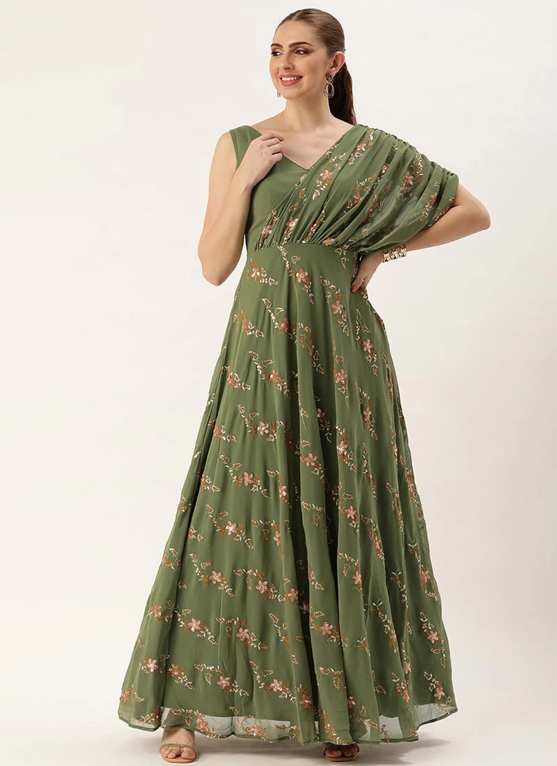 Teen Girls Green Georgette Embroidered Drape Gown Party Wear - Image 3