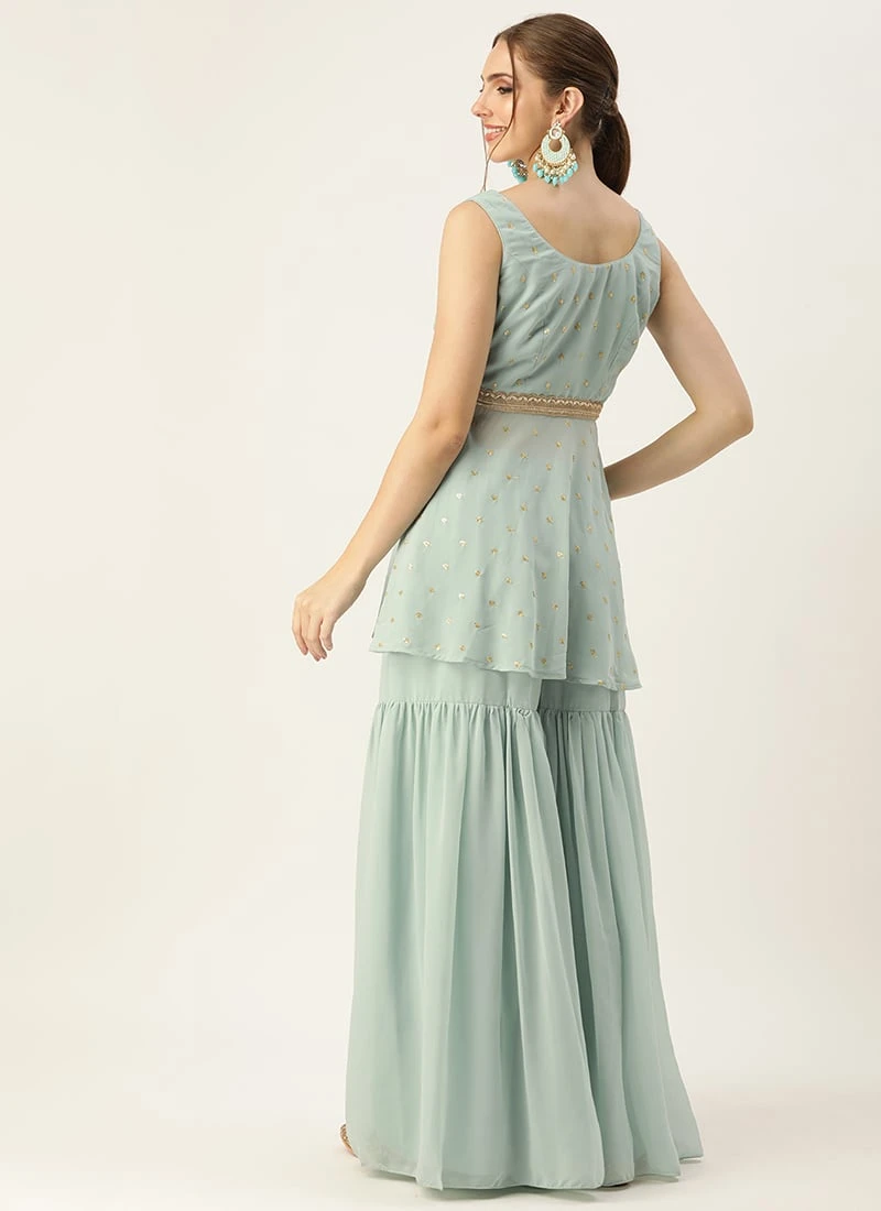 Teen Girls Green Georgette Embroidered Gharara Set Festive Wear - Image 4