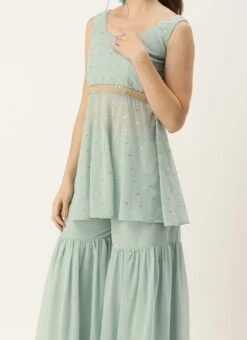 Teen Girls Green Georgette Embroidered Gharara Set Festive Wear