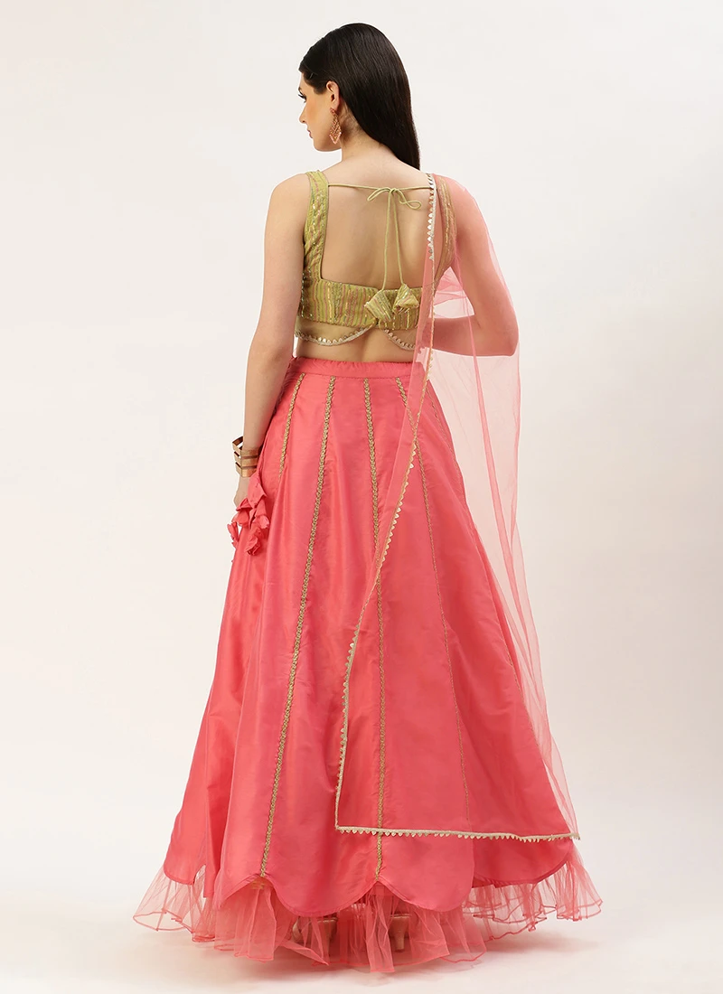 Teen Girls Green Georgette Embroidered Pink Kali Lehenga Festive Wear - Image 4