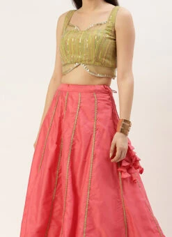 Teen Girls Green Georgette Embroidered Pink Kali Lehenga Festive Wear