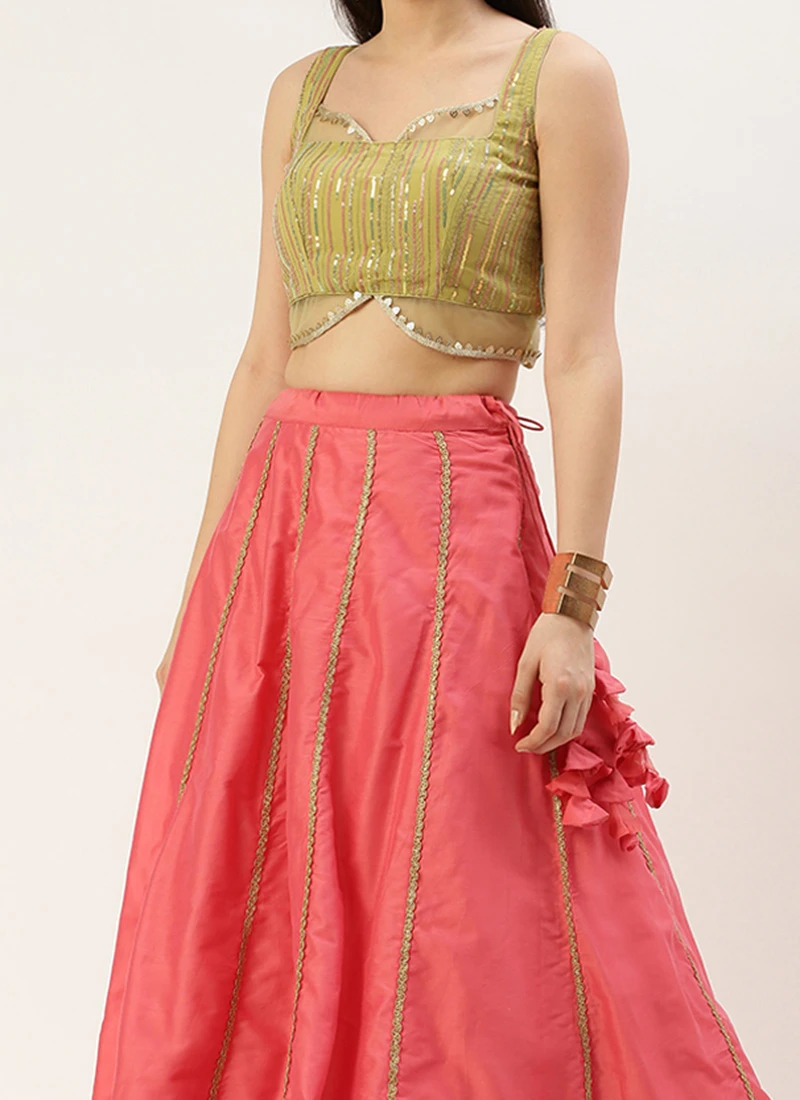 Teen Girls Green Georgette Embroidered Pink Kali Lehenga Festive Wear