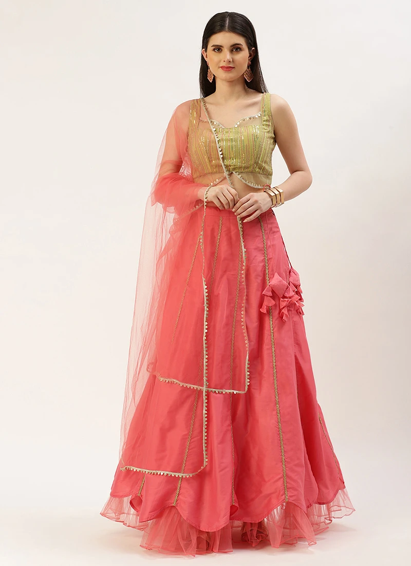Teen Girls Green Georgette Embroidered Pink Kali Lehenga Festive Wear - Image 3