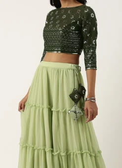 Teen Girls Green Georgette Sequins Embroidery Tiered Gathers Lehenga Festive Wear