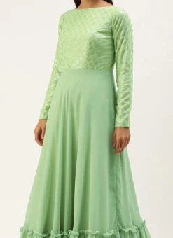Teen Girls Green Georgette Sequins Full Sleeve Gown Festive Wear