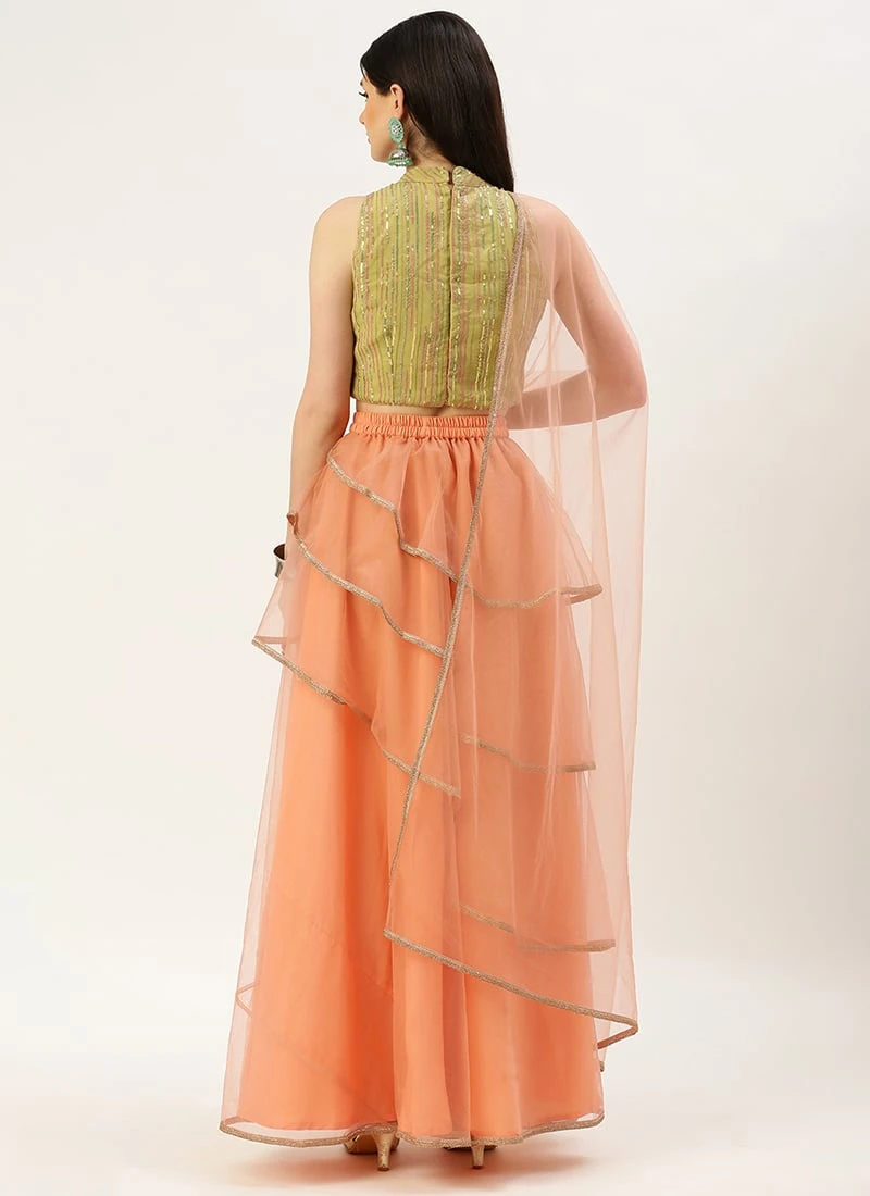 Teen Girls Green Georgette Sequins N Peach Net Lehenga Festive Wear - Image 4