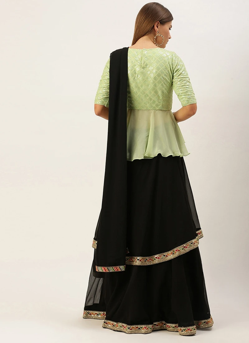 Teen Girls Green N Black Embroidered Layered Lehenga Set Festive Wear - Image 4