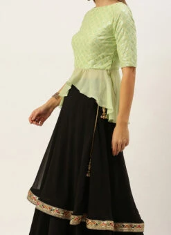 Teen Girls Green N Black Embroidered Layered Lehenga Set Festive Wear