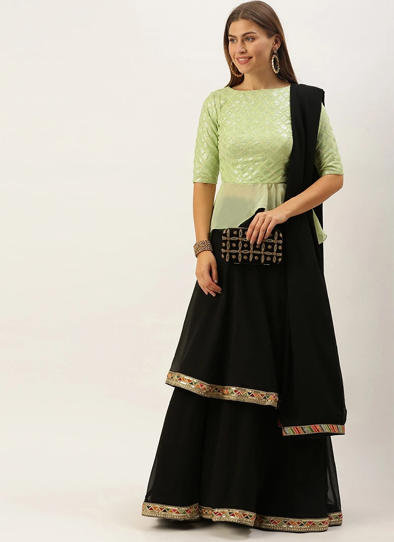 Teen Girls Green N Black Embroidered Layered Lehenga Set Festive Wear - Image 3