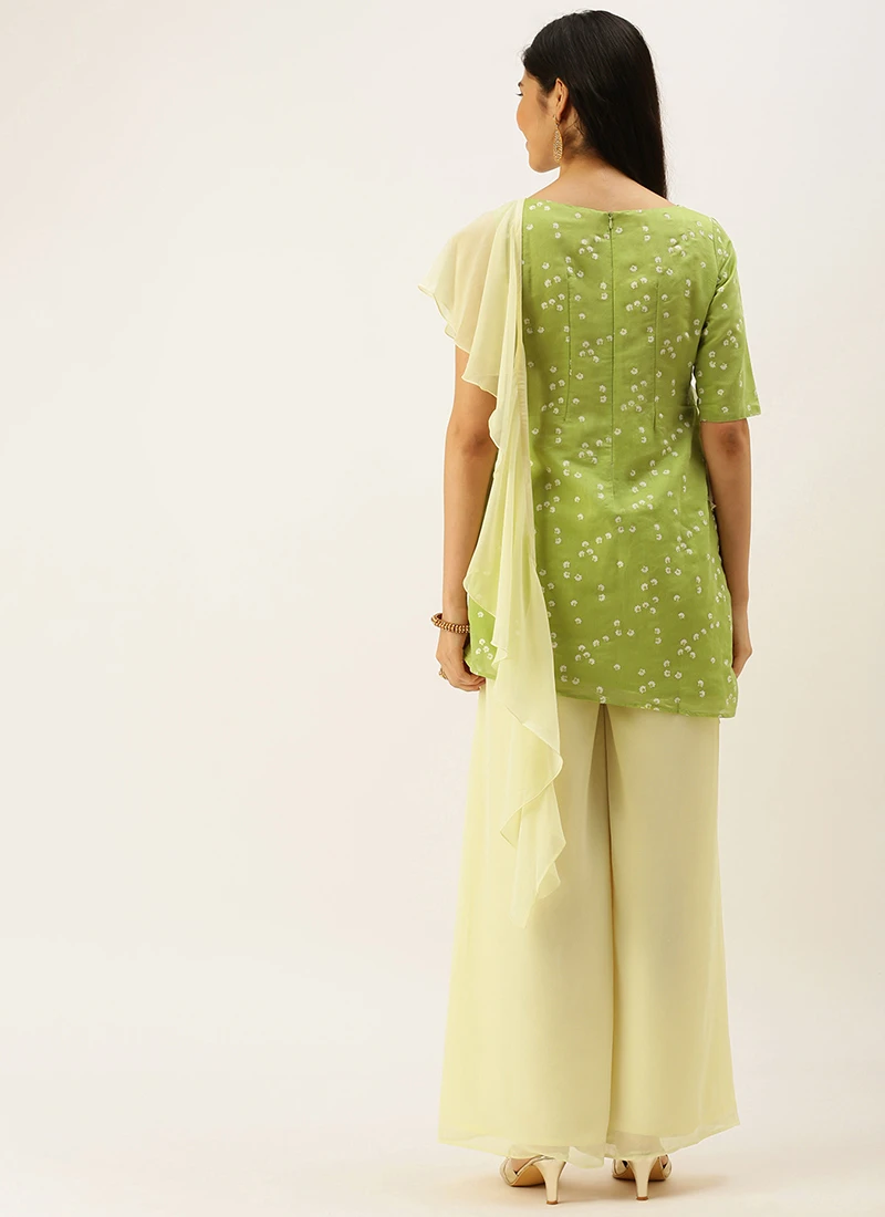 Teen Girls Green N Off White Printed Kurta Set Festive Wear - Image 4