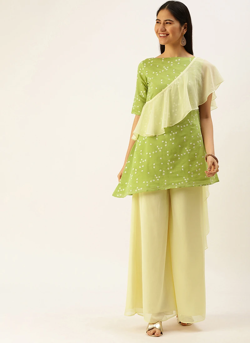 Teen Girls Green N Off White Printed Kurta Set Festive Wear - Image 3