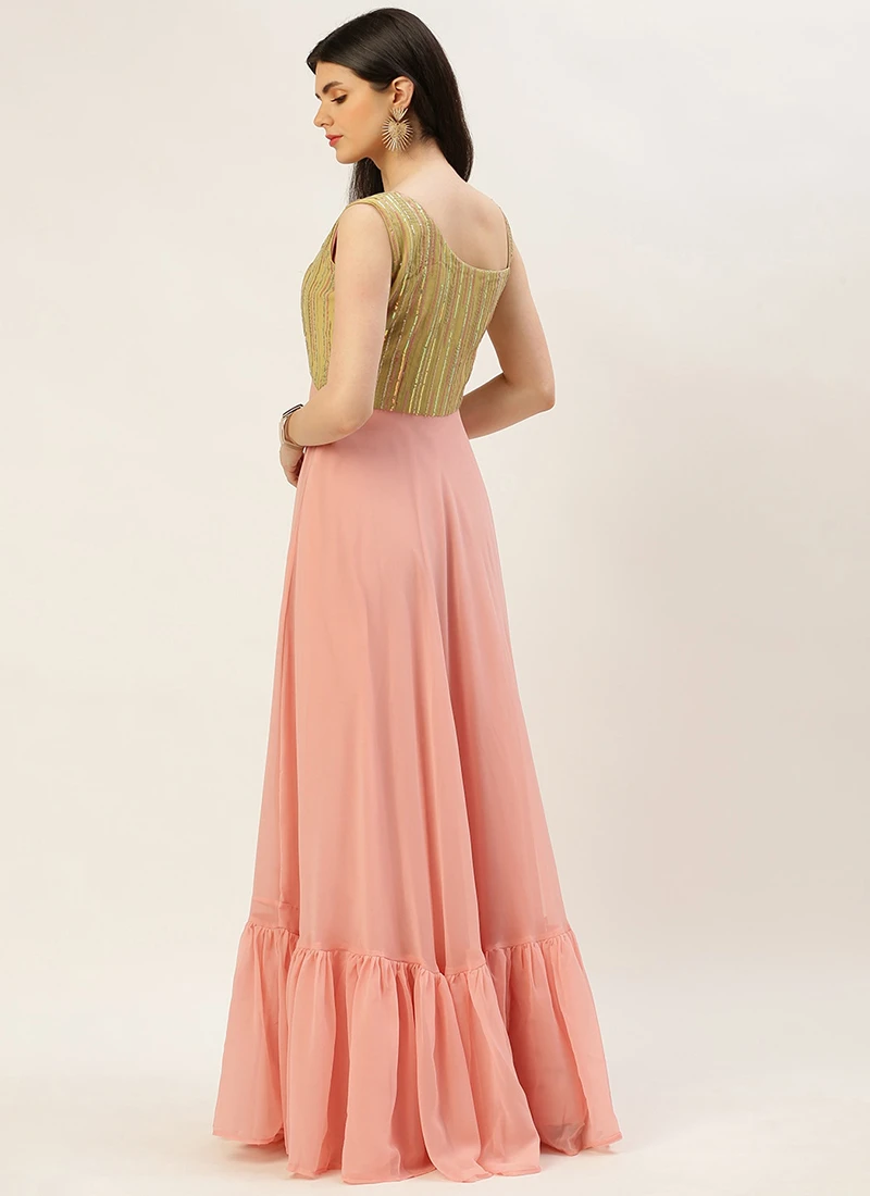 Teen Girls Green N Pink Sequence Embroidered Gown Festive Wear - Image 4