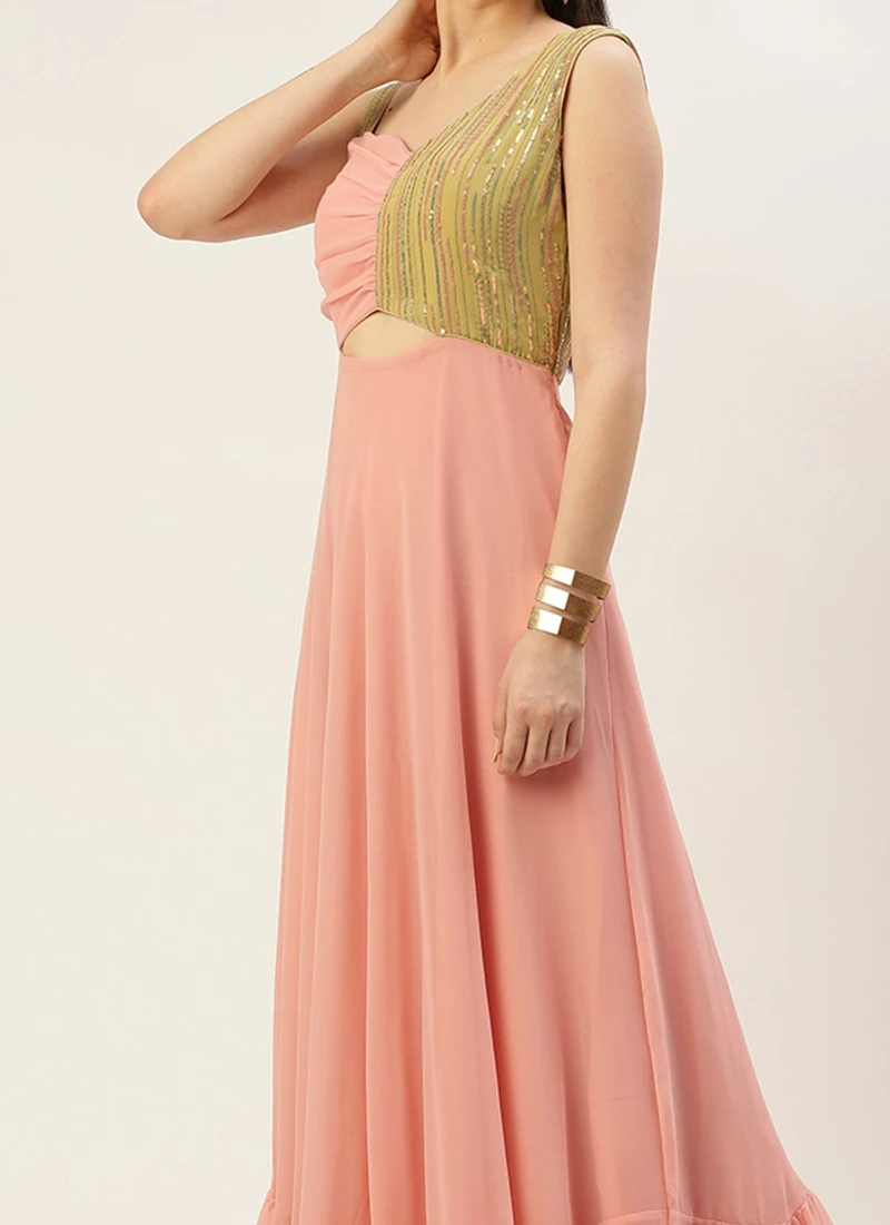 Teen Girls Green N Pink Sequence Embroidered Gown Festive Wear