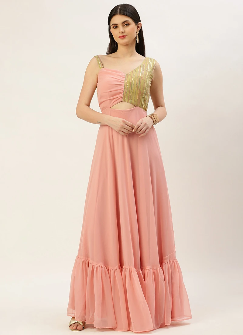 Teen Girls Green N Pink Sequence Embroidered Gown Festive Wear - Image 3