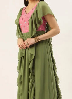 Teen Girls Green N Rouge Pink Chinon Ruffles Gown Party Wear