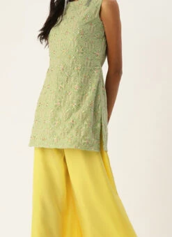 Teen Girls Green N Yellow Embroidered A Line Palazzo Suit Festive Wear