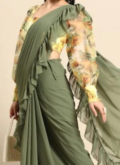 Teen Girls Green N Yellow Organza Saree Festive Wear