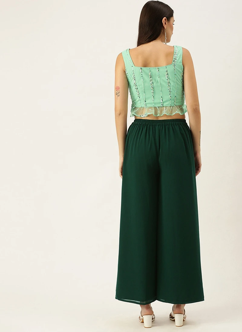 Teen Girls Green Net Embroidered Peplum Blouse N Palazzo Festive Wear - Image 4