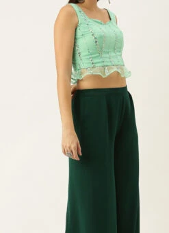 Teen Girls Green Net Embroidered Peplum Blouse N Palazzo Festive Wear