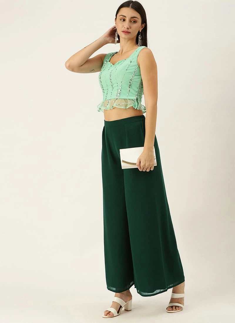Teen Girls Green Net Embroidered Peplum Blouse N Palazzo Festive Wear - Image 3