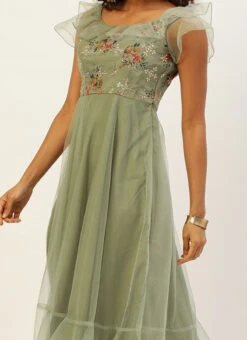 Teen Girls Green Organza Embroidered Gown Party Wear