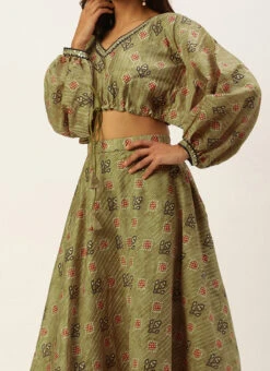 Teen Girls Green Printed Art Silk Co Ords Set Party Wear