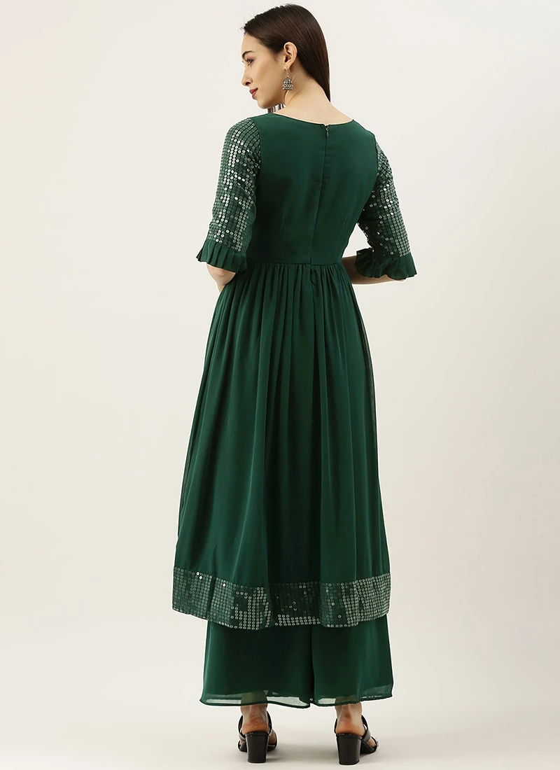 Teen Girls Green Sequin Embroidered N Green Georgette Kurta Set Festive Wear - Image 4