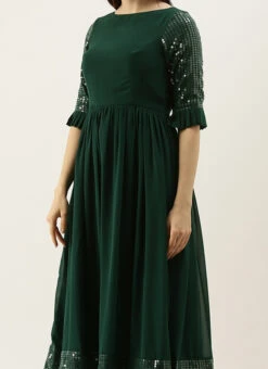 Teen Girls Green Sequin Embroidered N Green Georgette Kurta Set Festive Wear