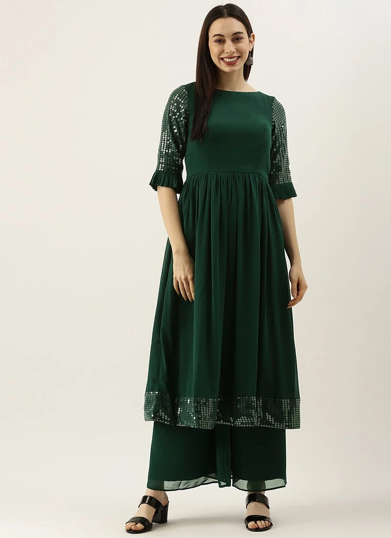 Teen Girls Green Sequin Embroidered N Green Georgette Kurta Set Festive Wear - Image 3
