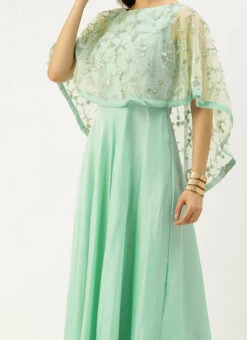 Teen Girls Green Sequins Embroidered Cape Style Gown Party Wear