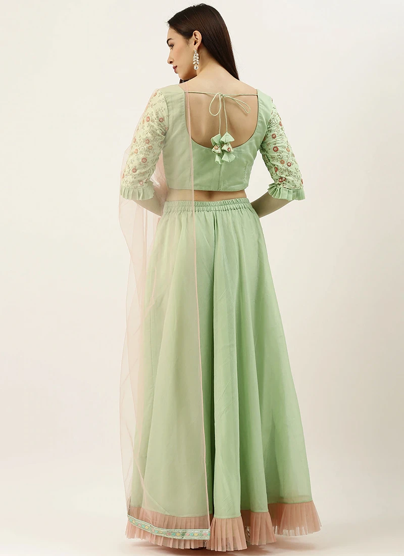 Teen Girls Green Silk Blouse N Mint Green Embroidered Lehenga Festive Wear - Image 4