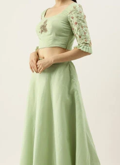 Teen Girls Green Silk Blouse N Mint Green Embroidered Lehenga Festive Wear