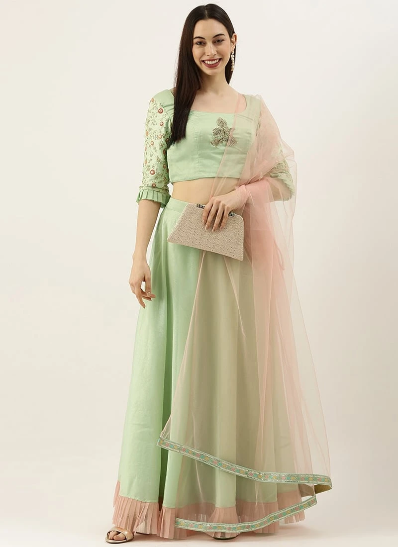 Teen Girls Green Silk Blouse N Mint Green Embroidered Lehenga Festive Wear - Image 3