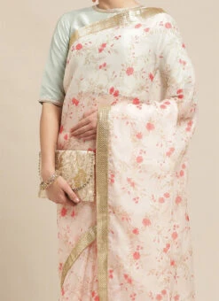 Teen Girls Green And Off White Floral Organza Saree Festive Wear