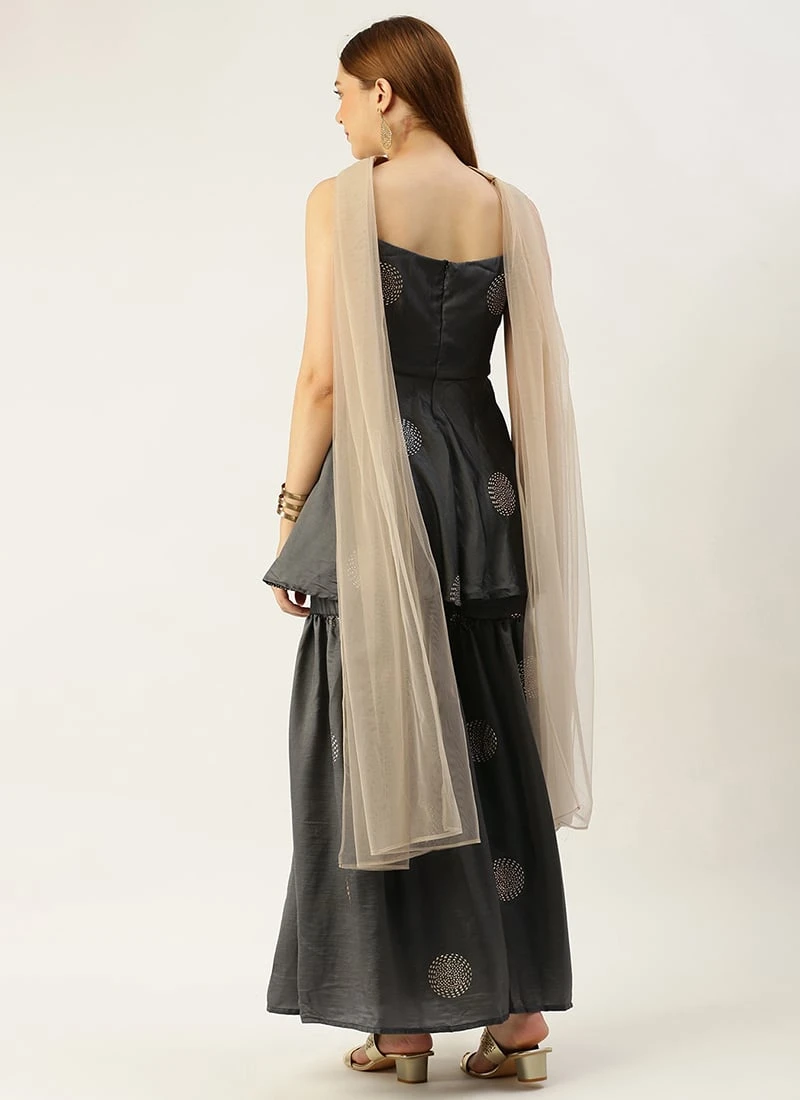 Teen Girls Grey Art Silk Foil Print Gharara Set Wedding Wear - Image 4