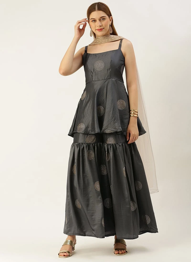 Teen Girls Grey Art Silk Foil Print Gharara Set Wedding Wear - Image 3