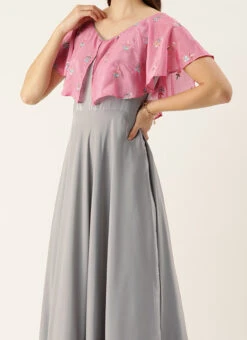 Teen Girls Grey Art Silk N Pink Chinon Zero Shoulder Style Gown Party Wear