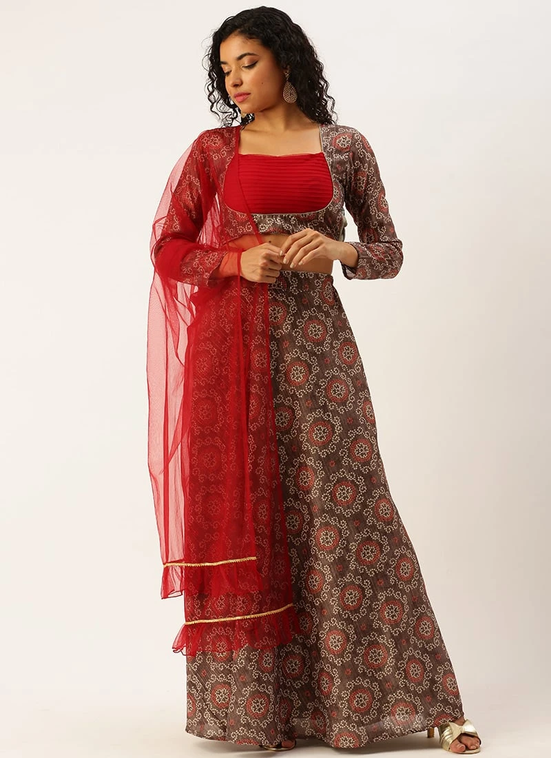 Teen Girls Grey Digital Print Art Silk Lehenga Set Festive Wear - Image 3